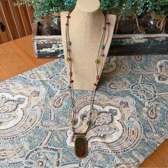 Chicos Signed Tribal Enamel Pendant Necklace Boho Statement Retired - Picture 2 of 8